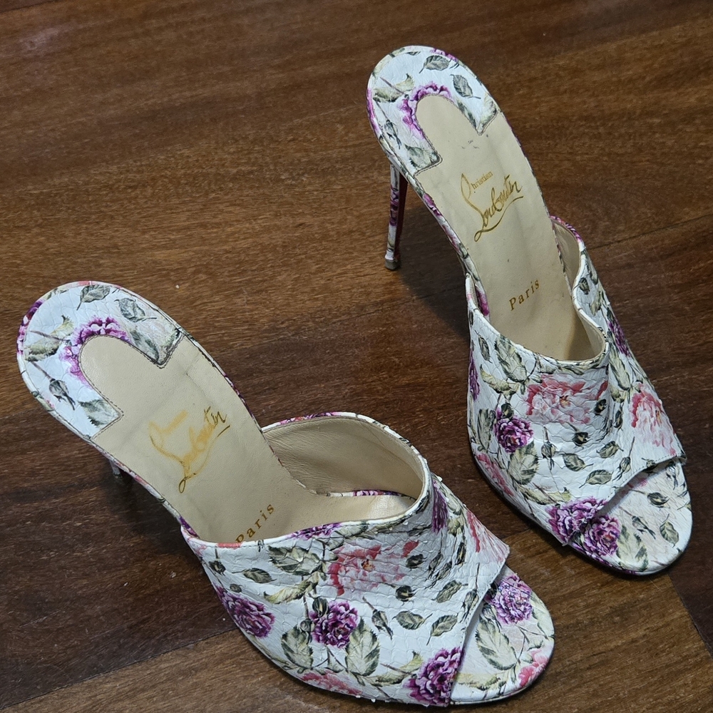 Christian Louboutin Floral Heels - Cream and Purple